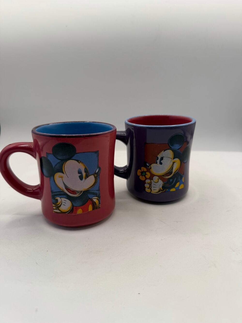 Vintage Disney Mickey Mouse Coffee Mug Set 2 Purple Red Colorblock Ceramic Cups